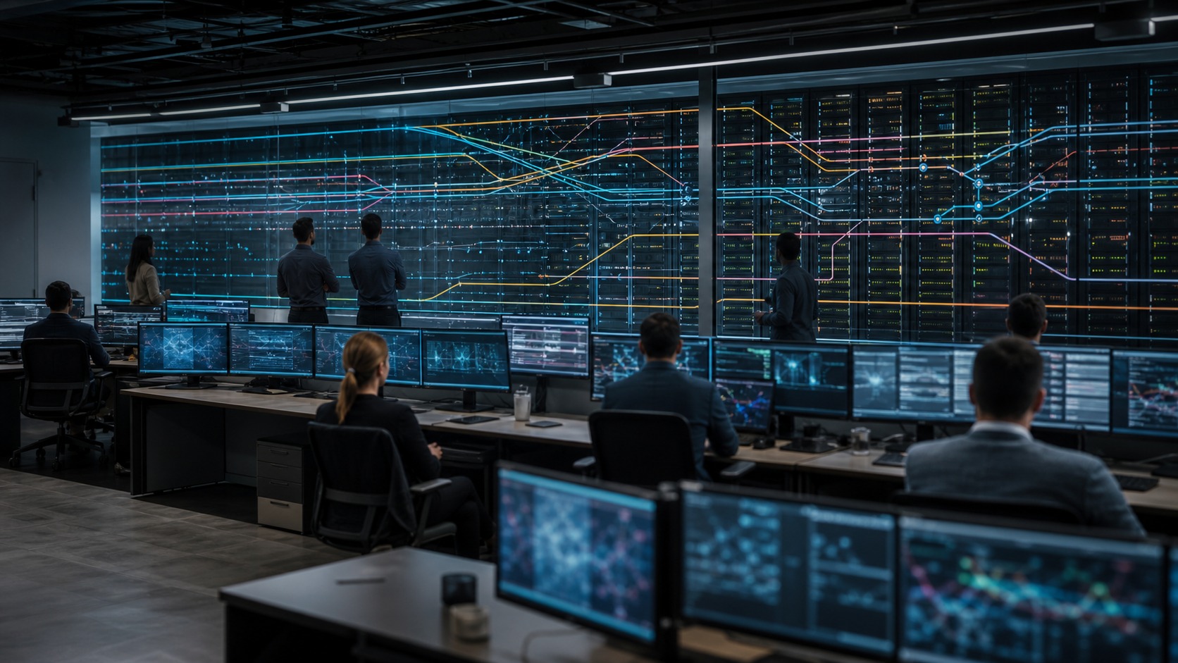 Engineers monitoring network traffic and server infrastructure for distributed ledger scalability planning.