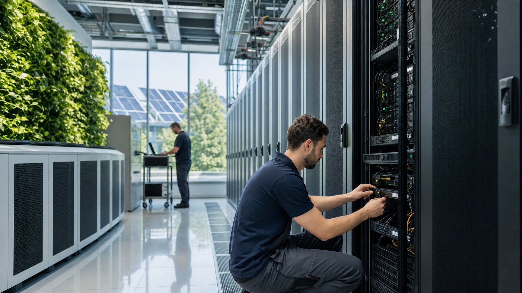 Technicians working inside a bright efficient data center with solar reflections and cooling infrastructure.