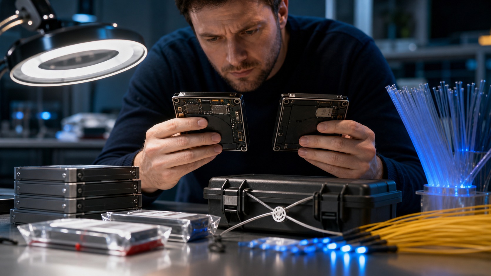 Researcher comparing data modules in a cybersecurity lab to represent SHA-256 hash verification.