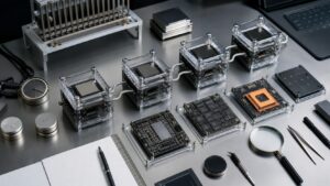 Transparent hardware blocks and circuit modules arranged on an inspection table to represent blockchain block fields.