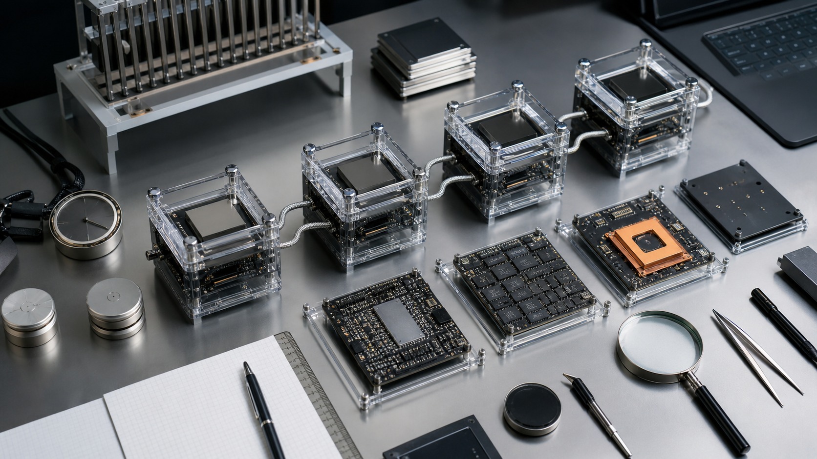 Transparent hardware blocks and circuit modules arranged on an inspection table to represent blockchain block fields.