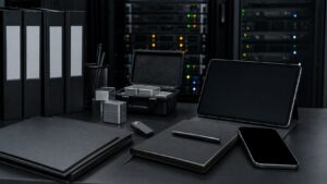 Due-diligence desk with blank folders and hardware tools for evaluating token economics.