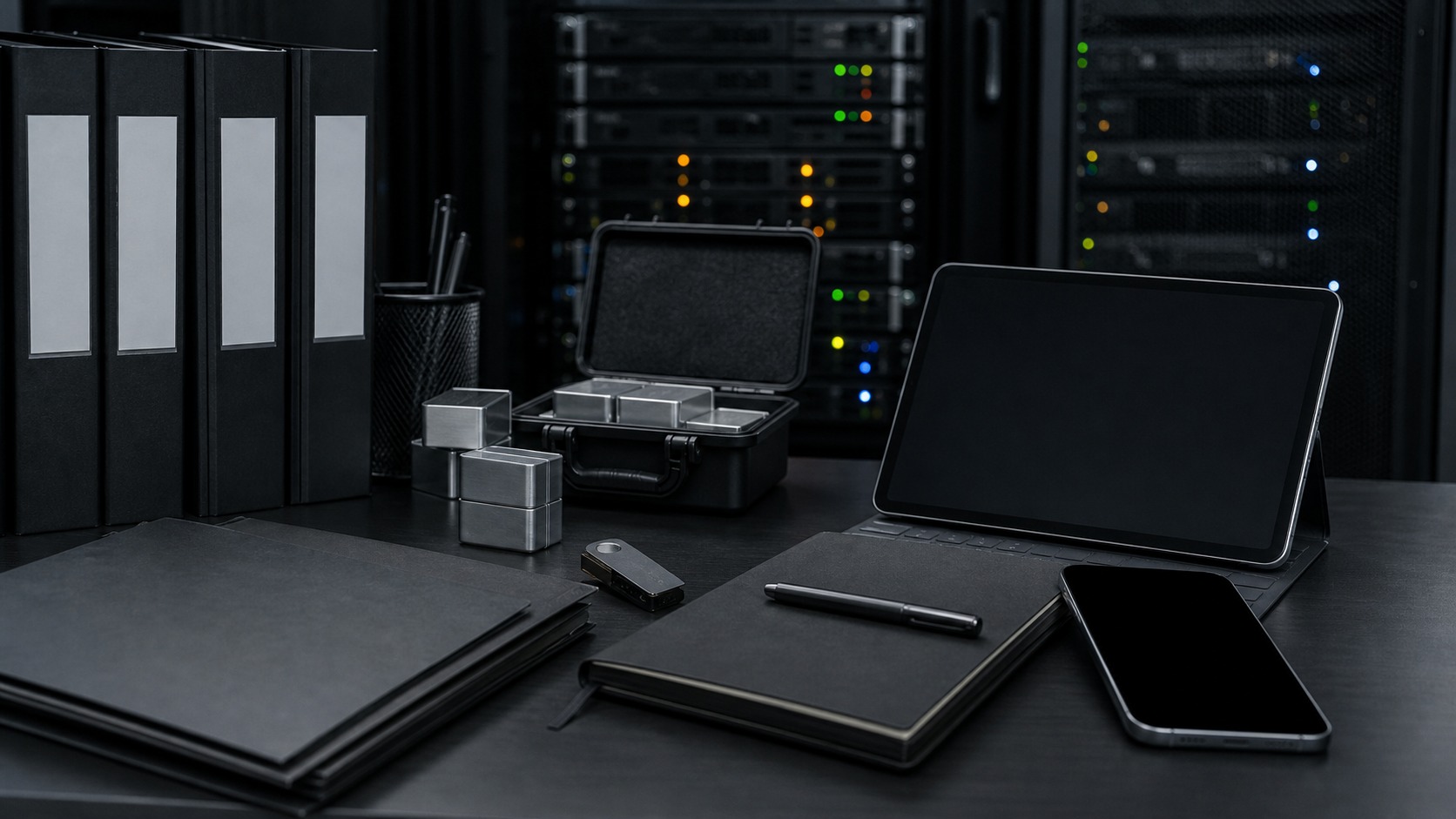 Due-diligence desk with blank folders and hardware tools for evaluating token economics.