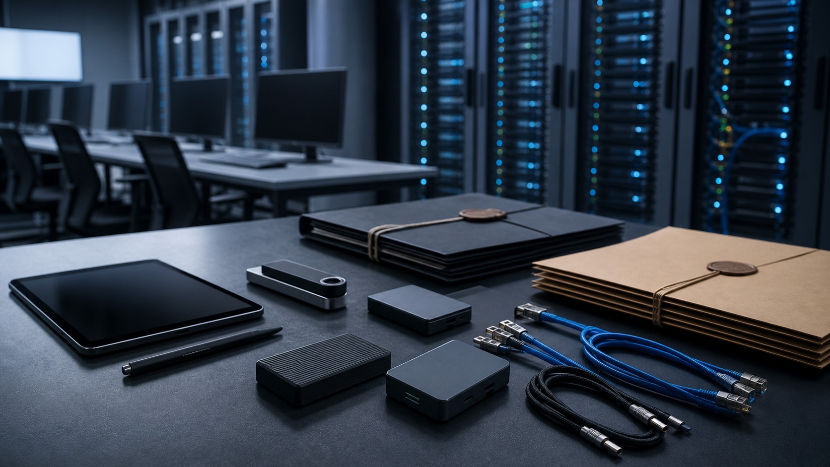 Blank signing devices and audit folders in a smart-contract token issuance lab.