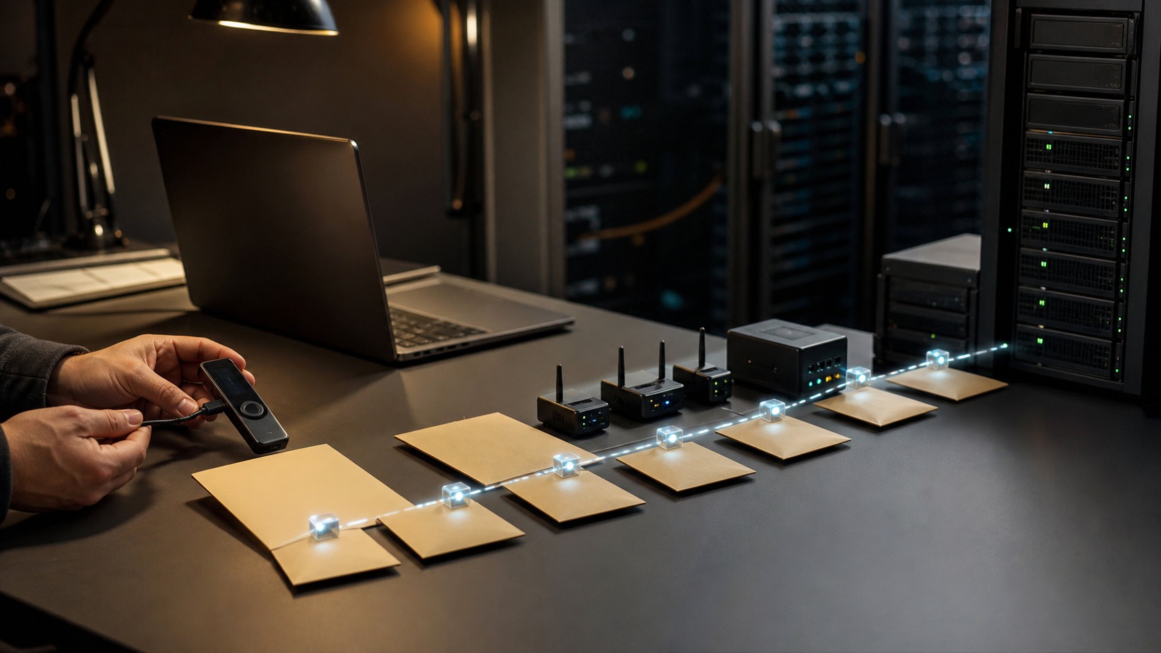Hardware wallet and relay devices showing a Bitcoin transaction path from creation to confirmation.