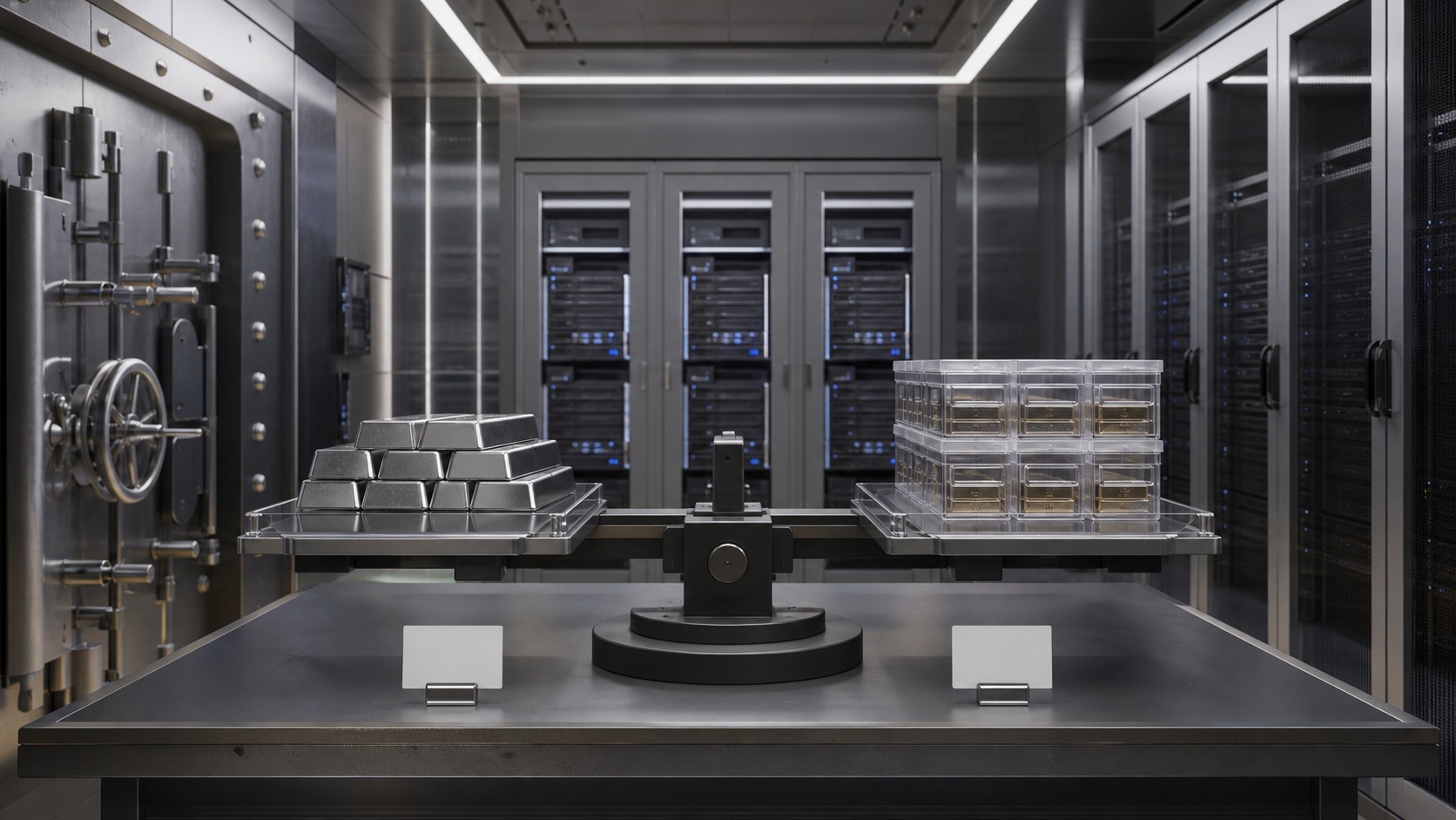 Reserve and server hardware illustrating stablecoin backing and tradeoffs.