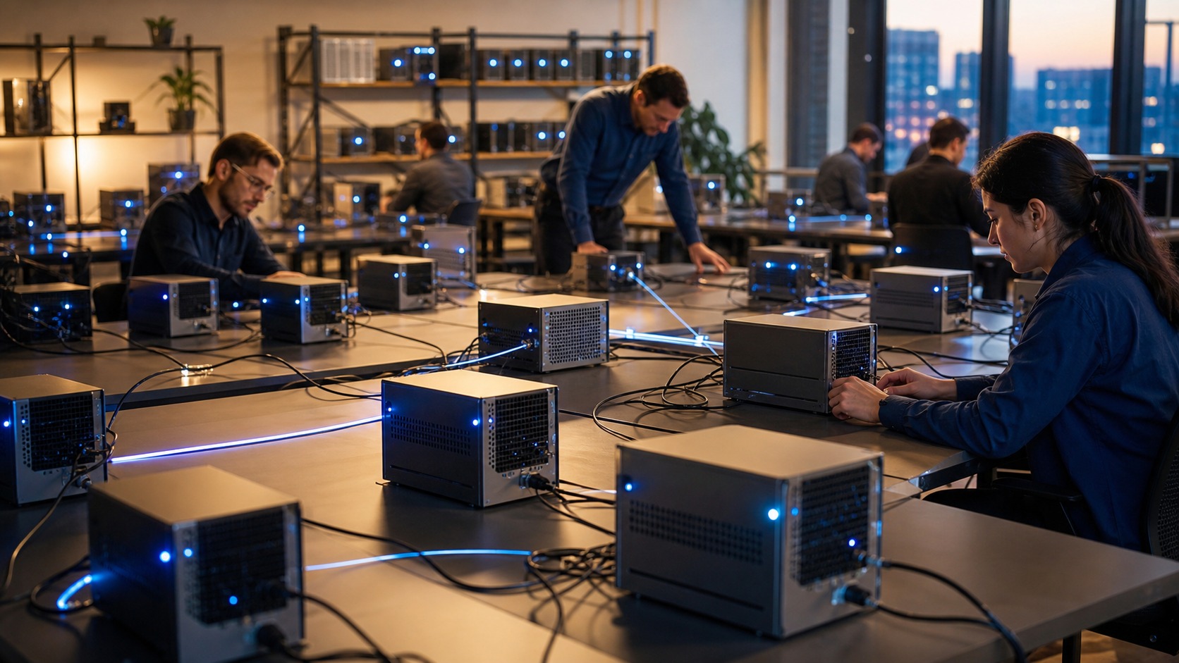 Independent server units connected across an operations room to represent blockchain nodes and network resilience.