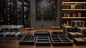 Unmarked allocation modules and balance mechanism representing crypto tokenomics.