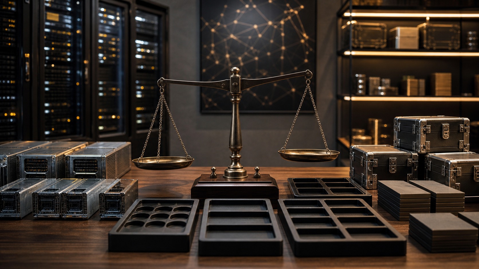 Unmarked allocation modules and balance mechanism representing crypto tokenomics.